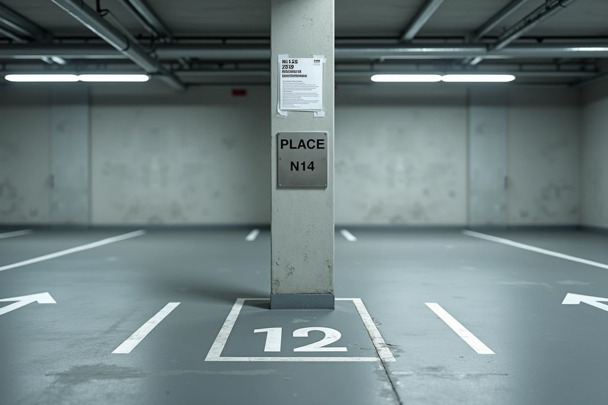 Vue grand angle d'un parking souterrain moderne avec emplacements numérotés et affichage de prix de vente
