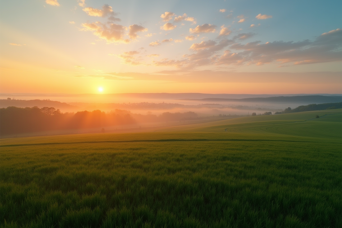 Paysage rural au lever du soleil avec petite ville et routes neuves