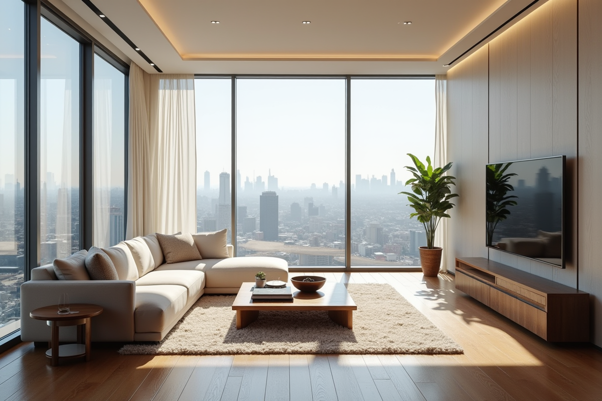 Salon lumineux d'un penthouse moderne avec vue urbaine