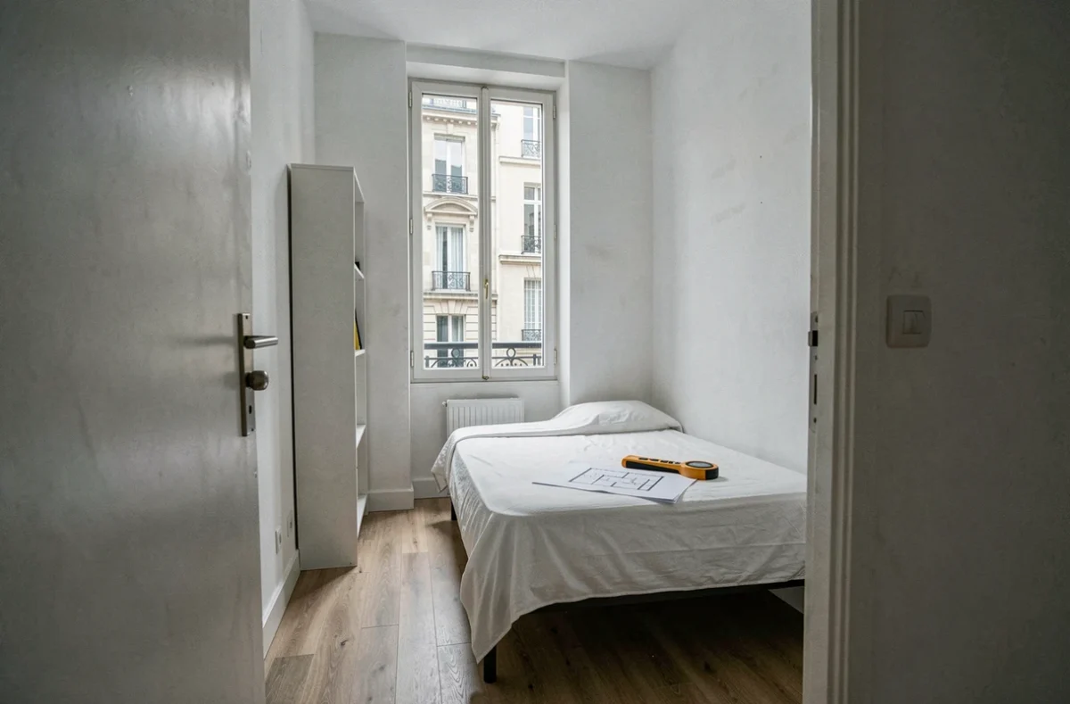 Petite chambre d'appartement parisien mesurant moins de 9 mètres carrés avec un plan et un télémètre laser pour vérification loi Carrez