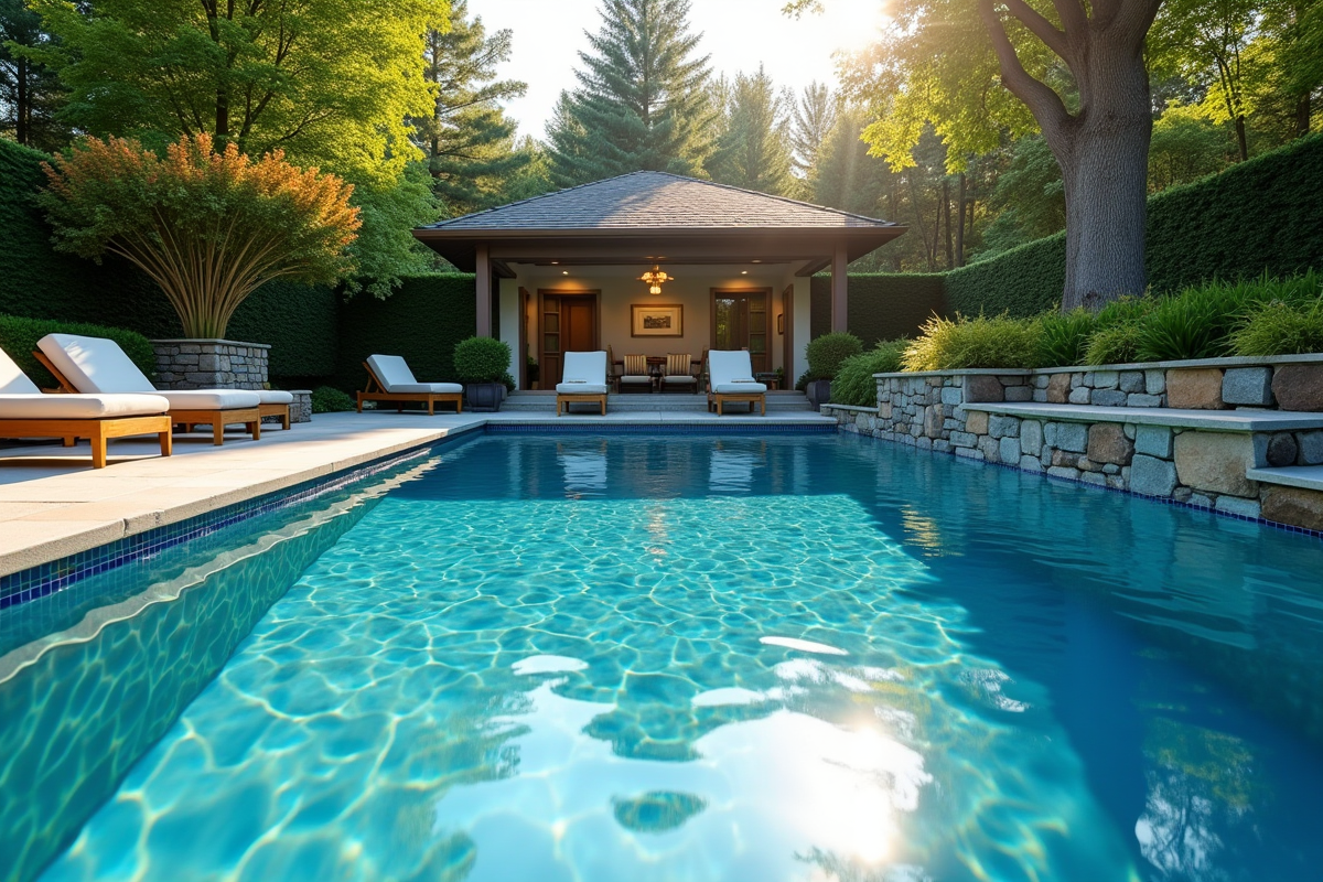 Piscine finie avec margelles et jardin paysager