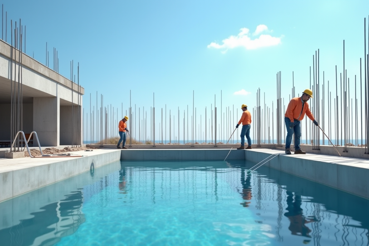 Piscine moderne en construction avec armatures en acier