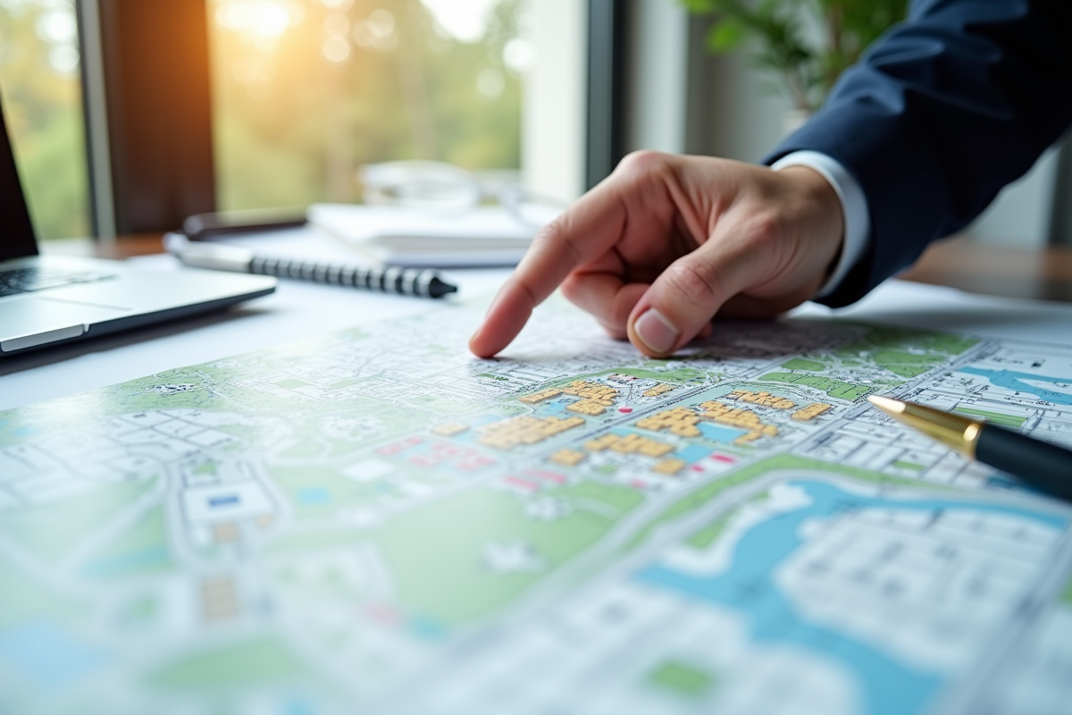 Main d'architecte pointant sur une carte urbaine détaillée
