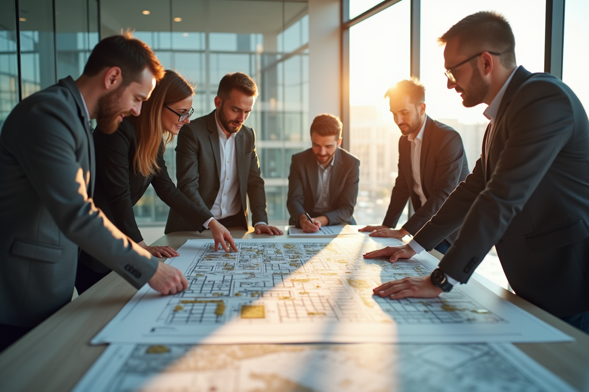 Groupe de professionnels urbanistes architectes et ingénieurs discutant d'un plan urbain