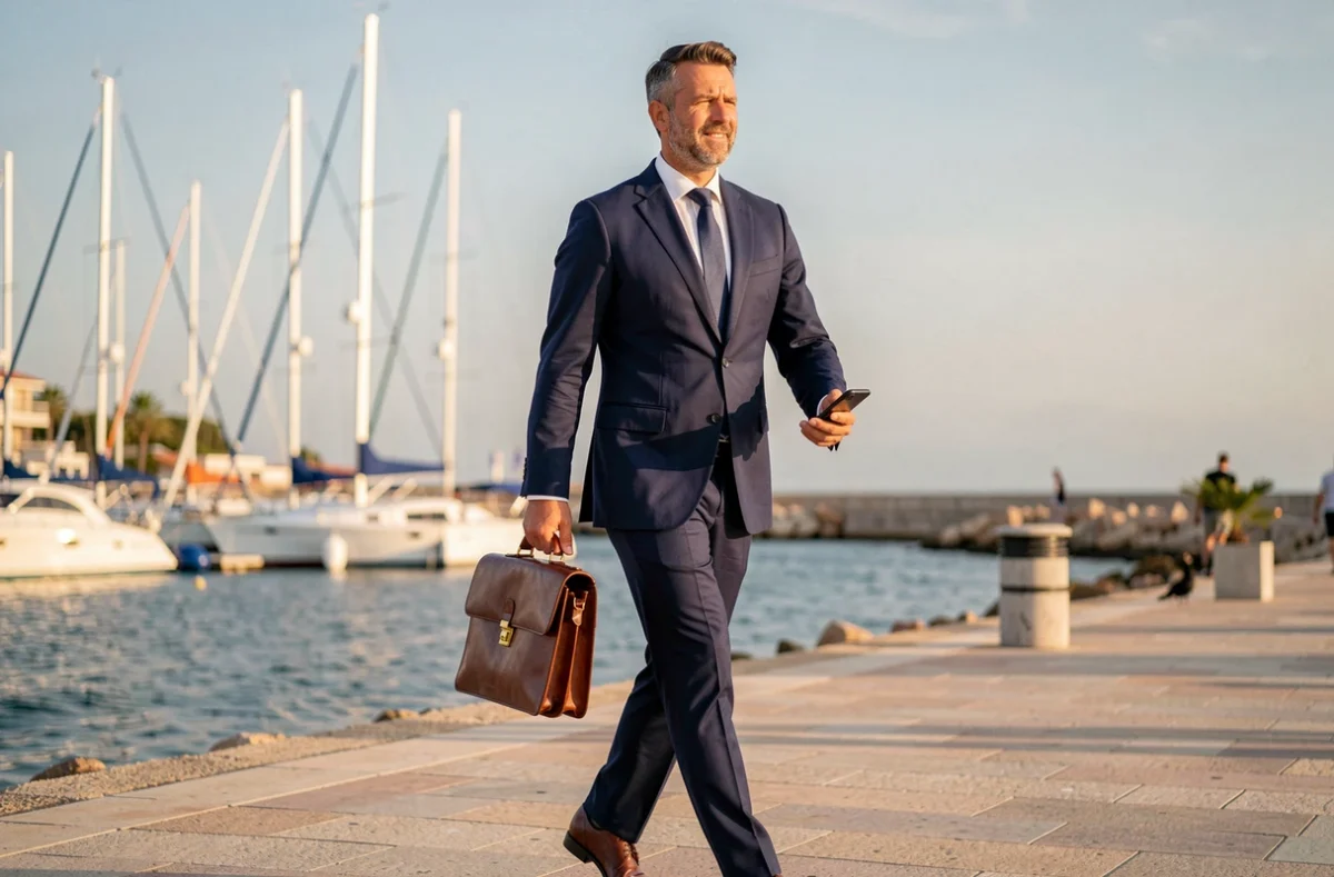Agent Power Immobilier marchant sur une promenade du bord de mer dans le Var avec marina en arrière-plan