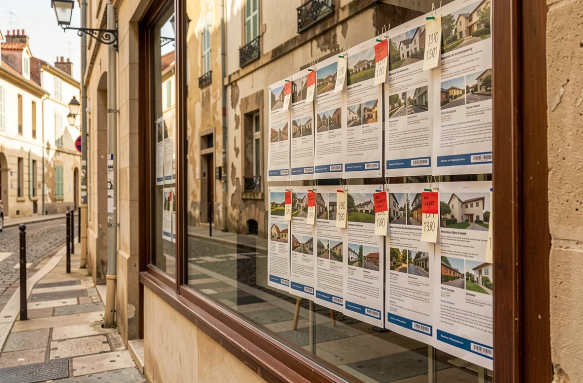 Vitrine d'agence immobilière à La Rochelle affichant des prix de biens dans différents quartiers de la ville