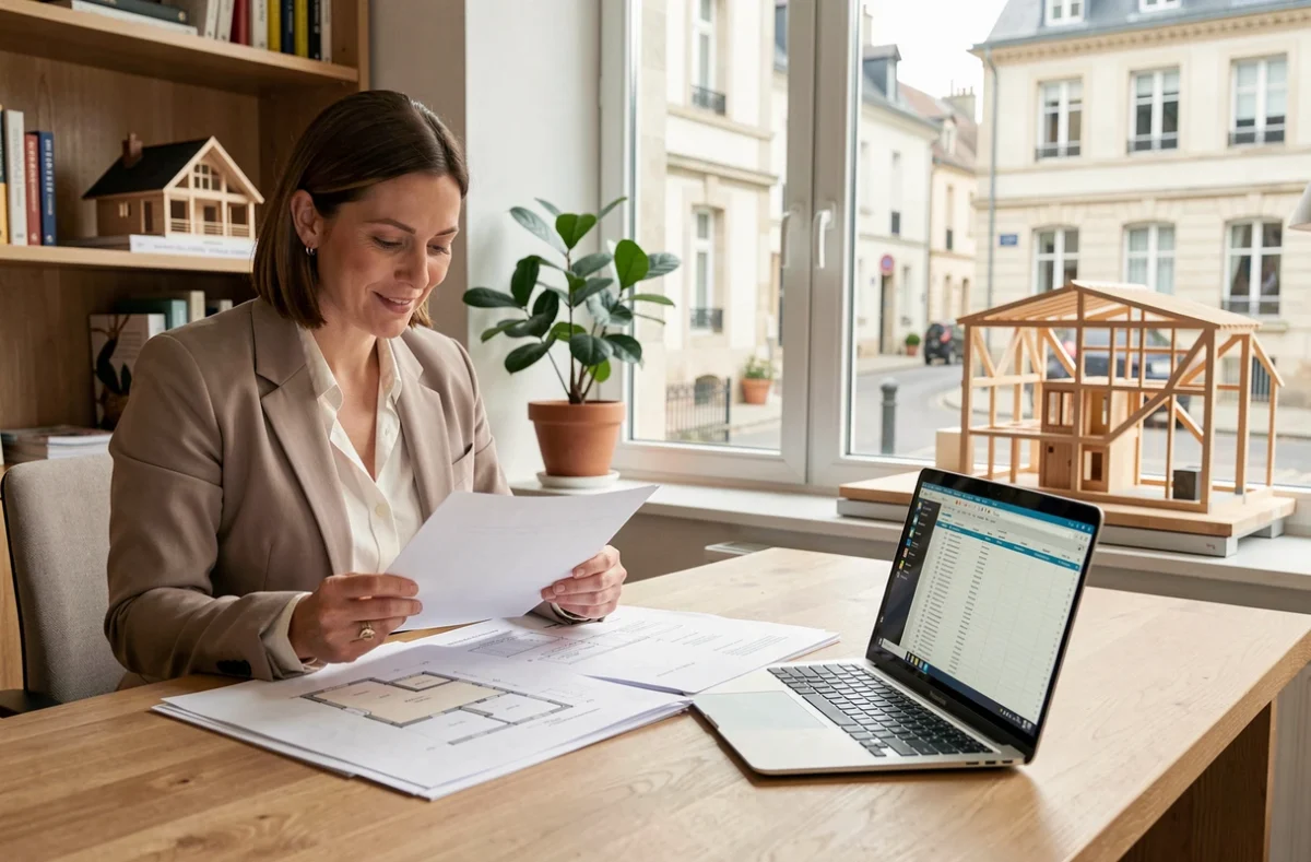 Agente immobilière analysant les coûts et plans d'une maison ossature bois dans un bureau professionnel
