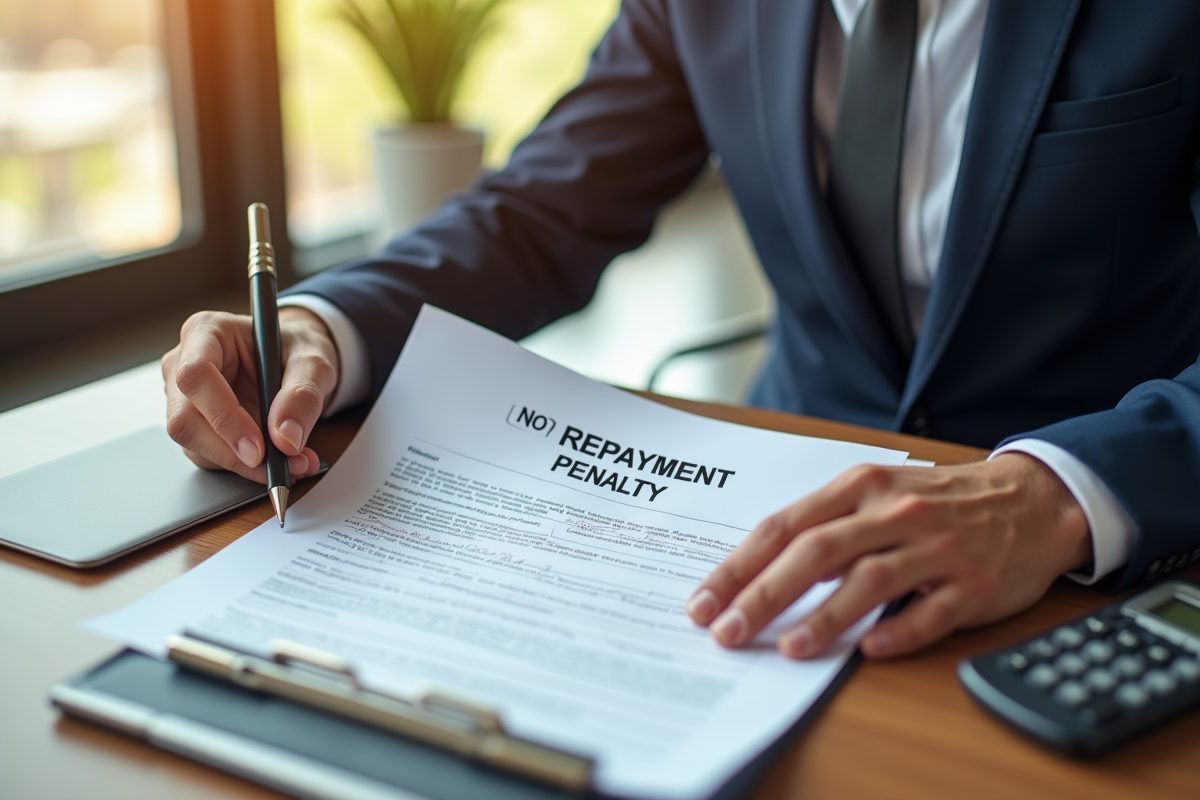 Professionnel examinant un document de pret immobilier avec mention sans penalite