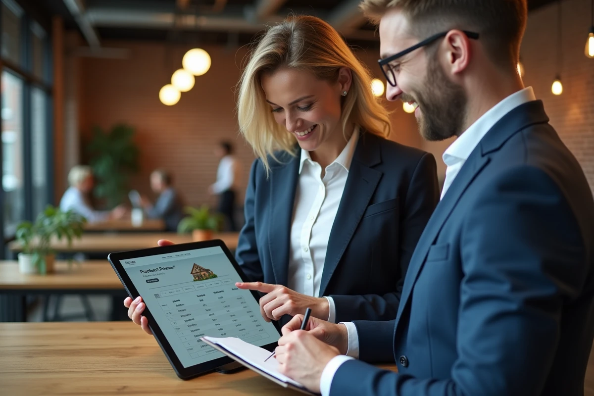 Deux professionnels de l'immobilier collaborant sur un logiciel de gestion d'offres d'achat sur tablette