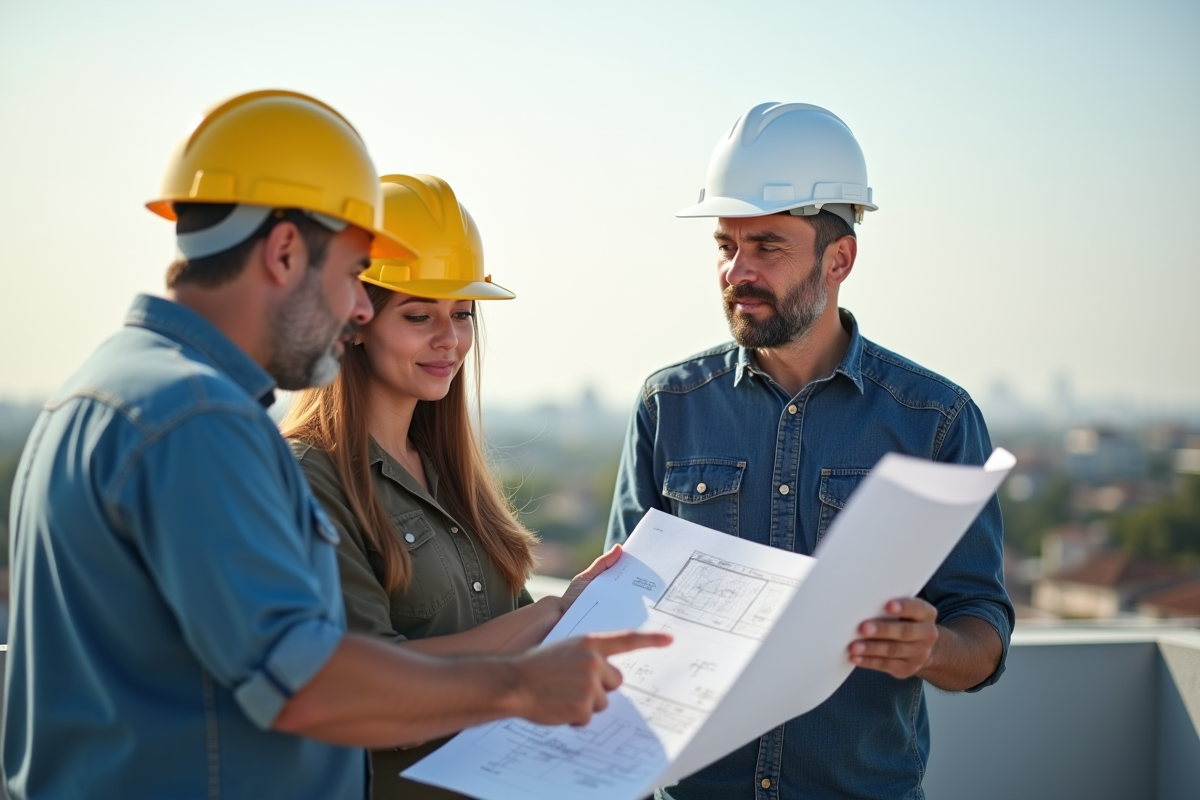 Trois professionnels sur un toit examinant des plans de construction