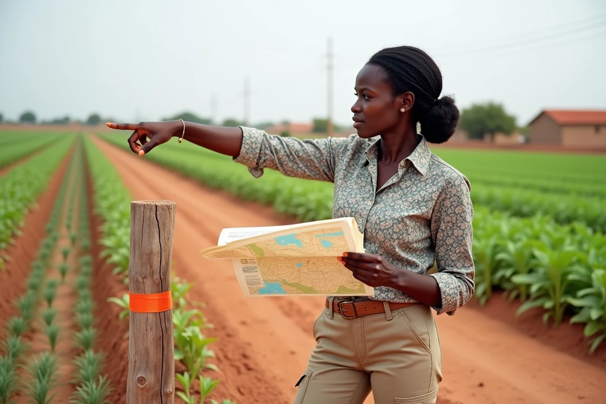 Femme entrepreneur étudiant un plan de terrain agricole irrigué à vendre au Sénégal