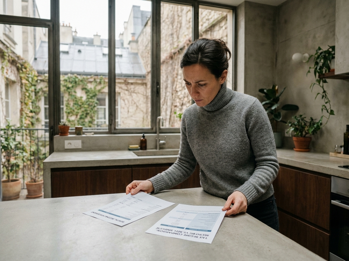 Femme propriétaire comparant seule des régimes fiscaux pour son bien meublé à Paris, sans conseiller spécialisé