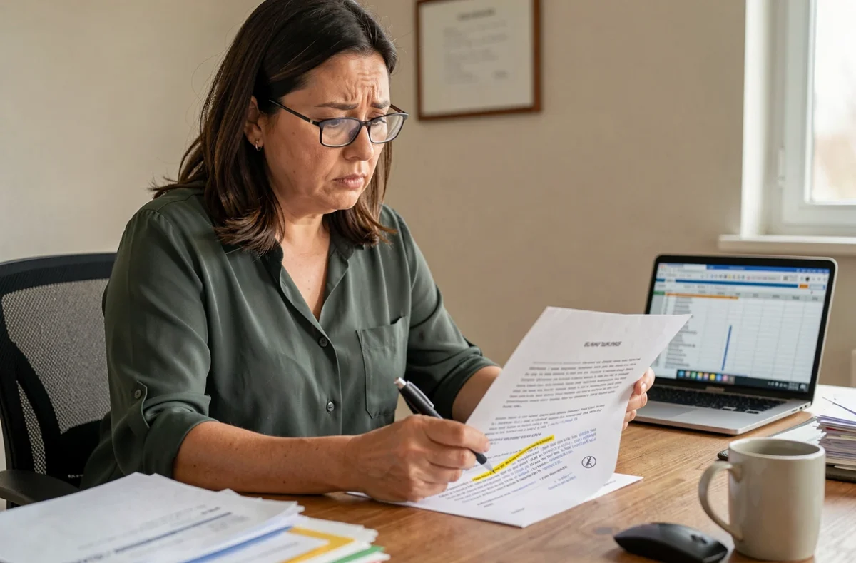 Propriétaire étudiant un contrat immobilier lié à la superficie loi Carrez avec des documents juridiques sur son bureau