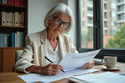 Propriétaire non occupant étudiant les clauses de son contrat d'assurance PNO sur un bureau en bois dans un appartement moderne