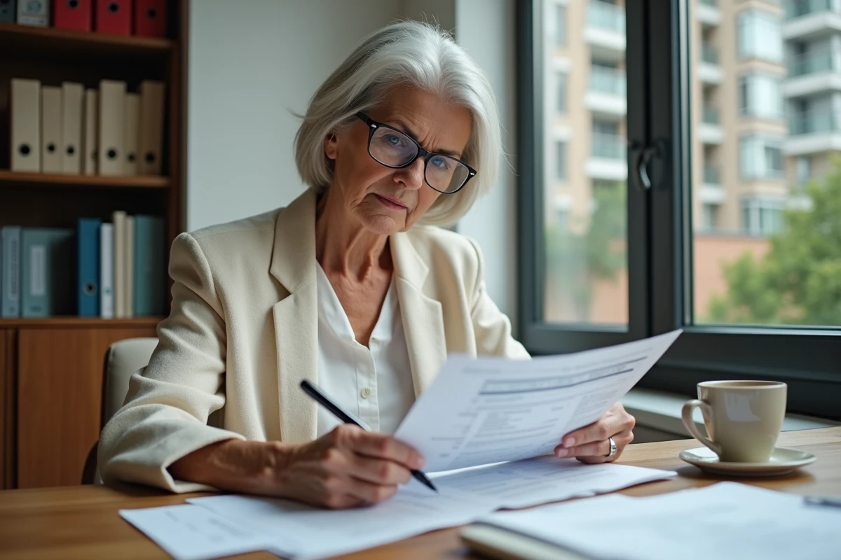 Propriétaire non occupant étudiant les clauses de son contrat d'assurance PNO sur un bureau en bois dans un appartement moderne