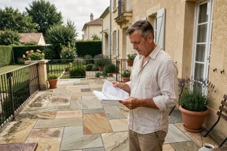 Propriétaire consultant ses documents de taxe foncière sur une terrasse en pierre d'une maison française typique