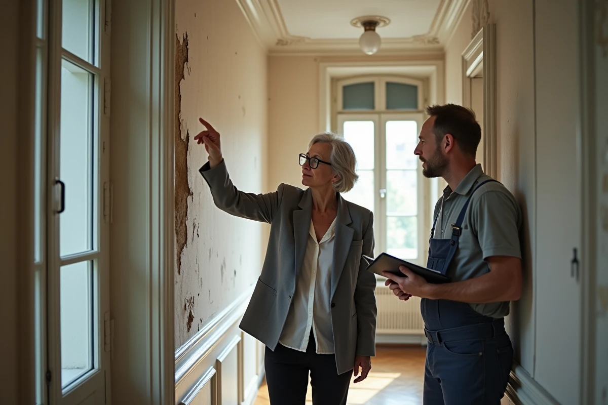 Propriétaire et entrepreneur évaluant des travaux de gros œuvre dans un appartement ancien en mauvais état