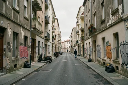 Rue dégradée d'un quartier défavorisé de La Rochelle avec immeubles vétustes et graffitis
