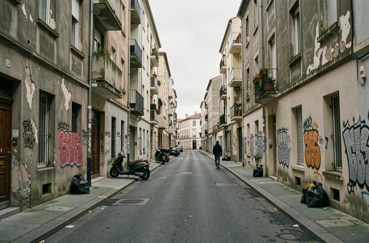 Rue dégradée d'un quartier défavorisé de La Rochelle avec immeubles vétustes et graffitis