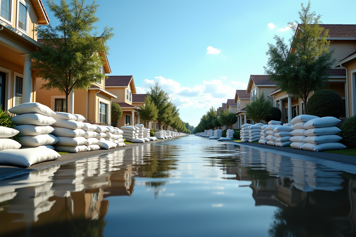 Quartier résidentiel inondé avec sacs de sable devant les maisons