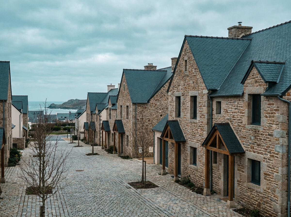 Quartier résidentiel neuf en ville bretonne avec maisons contemporaines à toiture ardoise et vue sur la côte atlantique