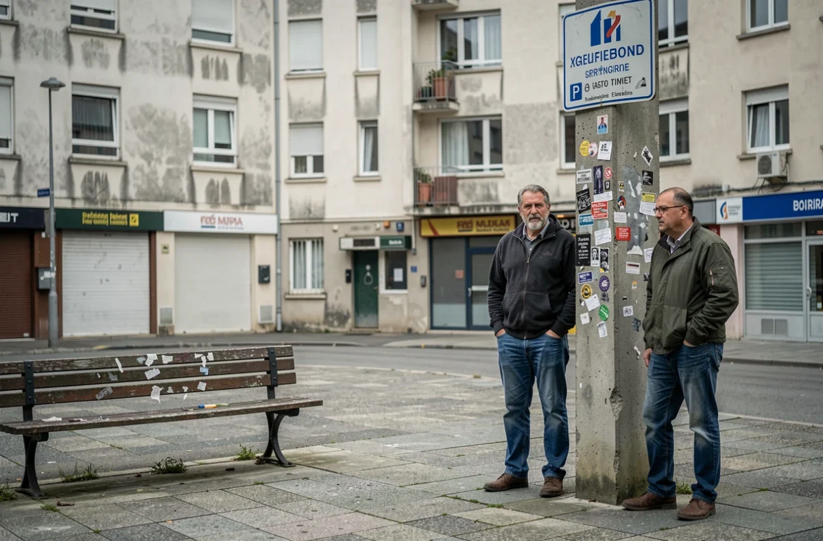 Place publique délabrée dans un quartier sensible de La Rochelle avec logements sociaux en arrière-plan