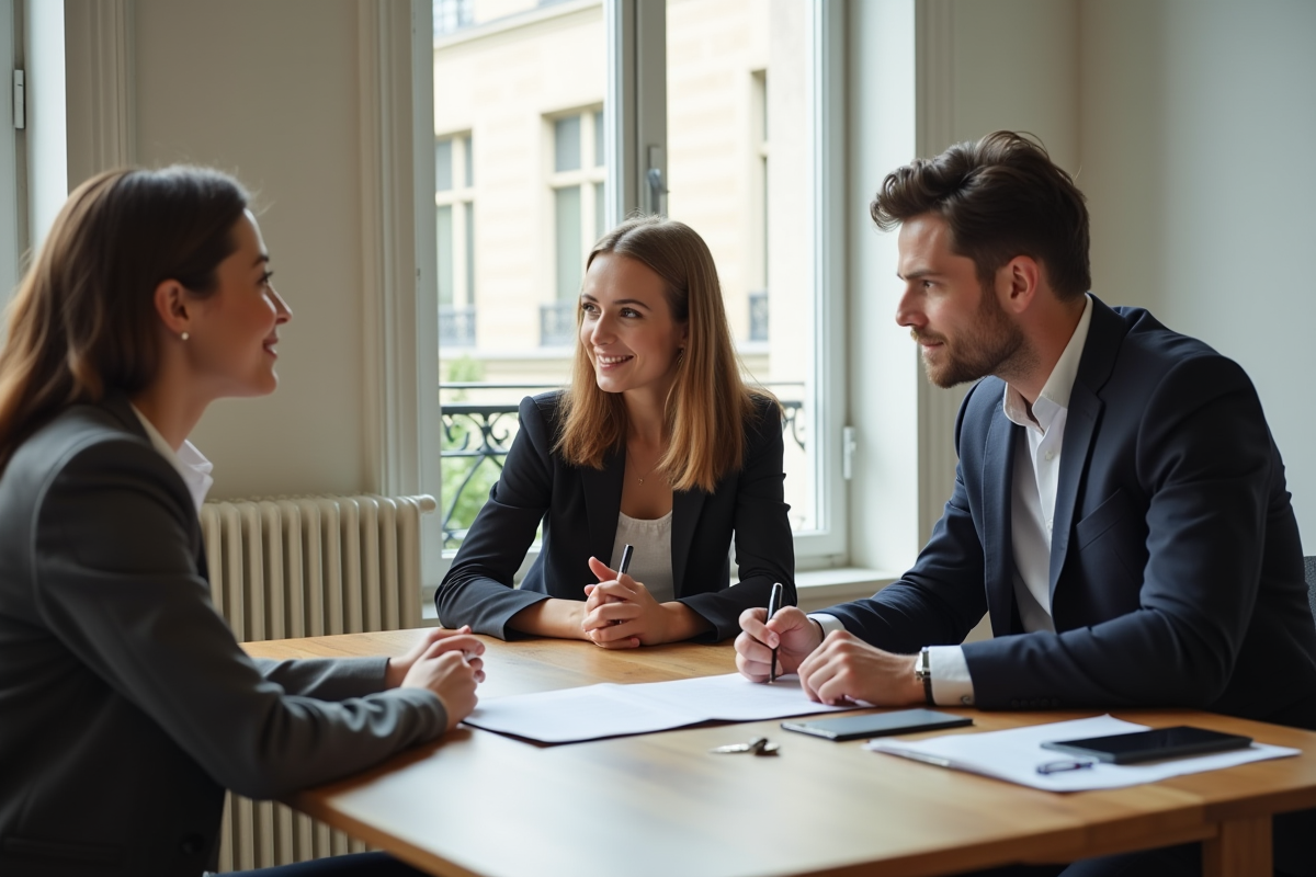 Jeune couple rencontrant un agent immobilier dans un appartement lumineux