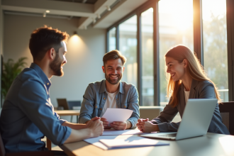 Jeune couple rencontrant un conseiller bancaire pour un achat immobilier