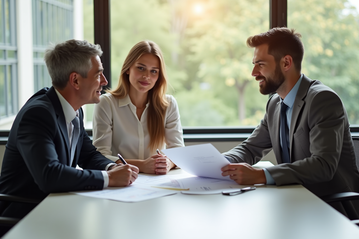 Jeune couple rencontrant un conseiller financier dans un bureau lumineux