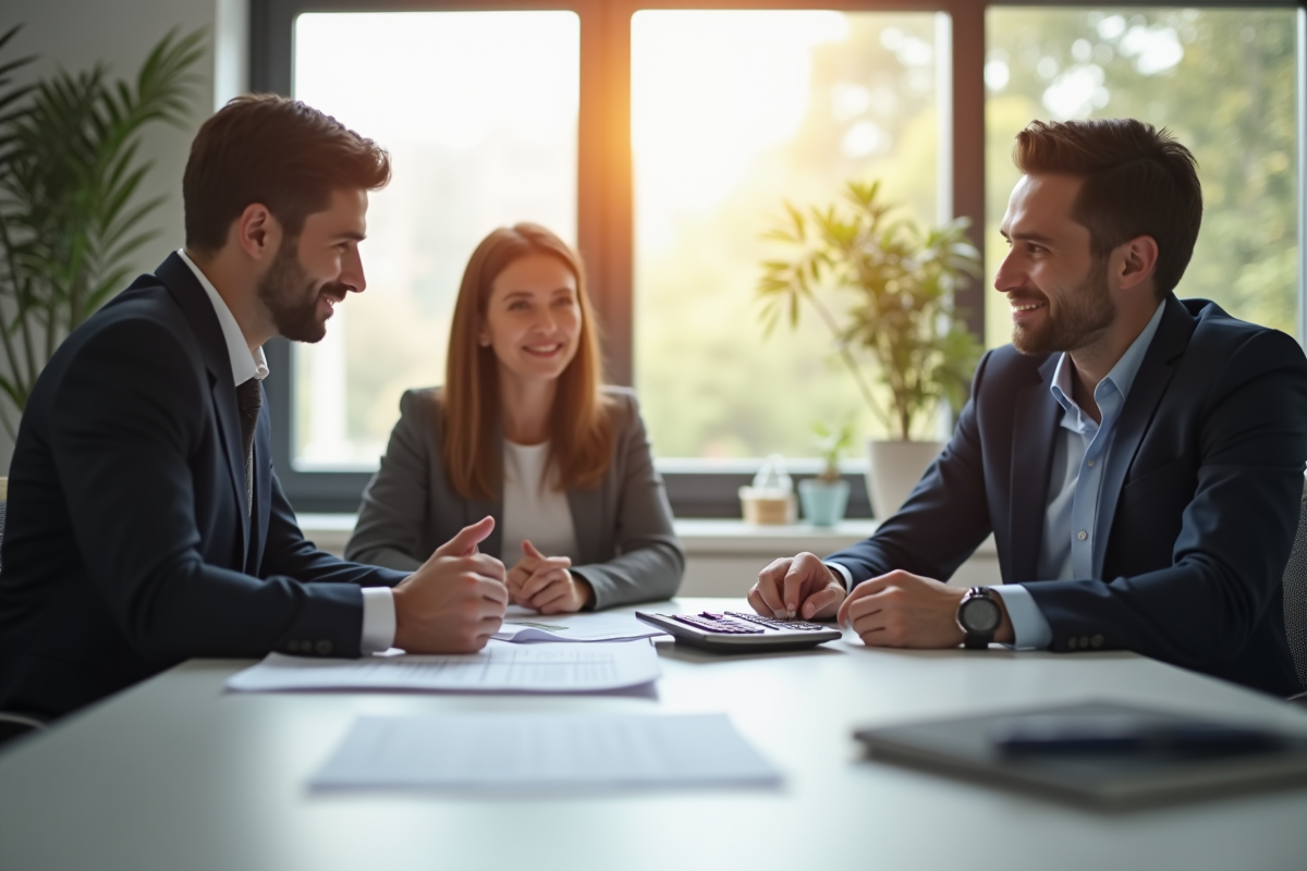 Couple rencontrant un conseiller financier dans un bureau lumineux
