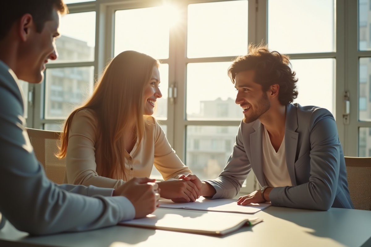 Jeune couple rencontrant un conseiller financier dans un bureau lumineux