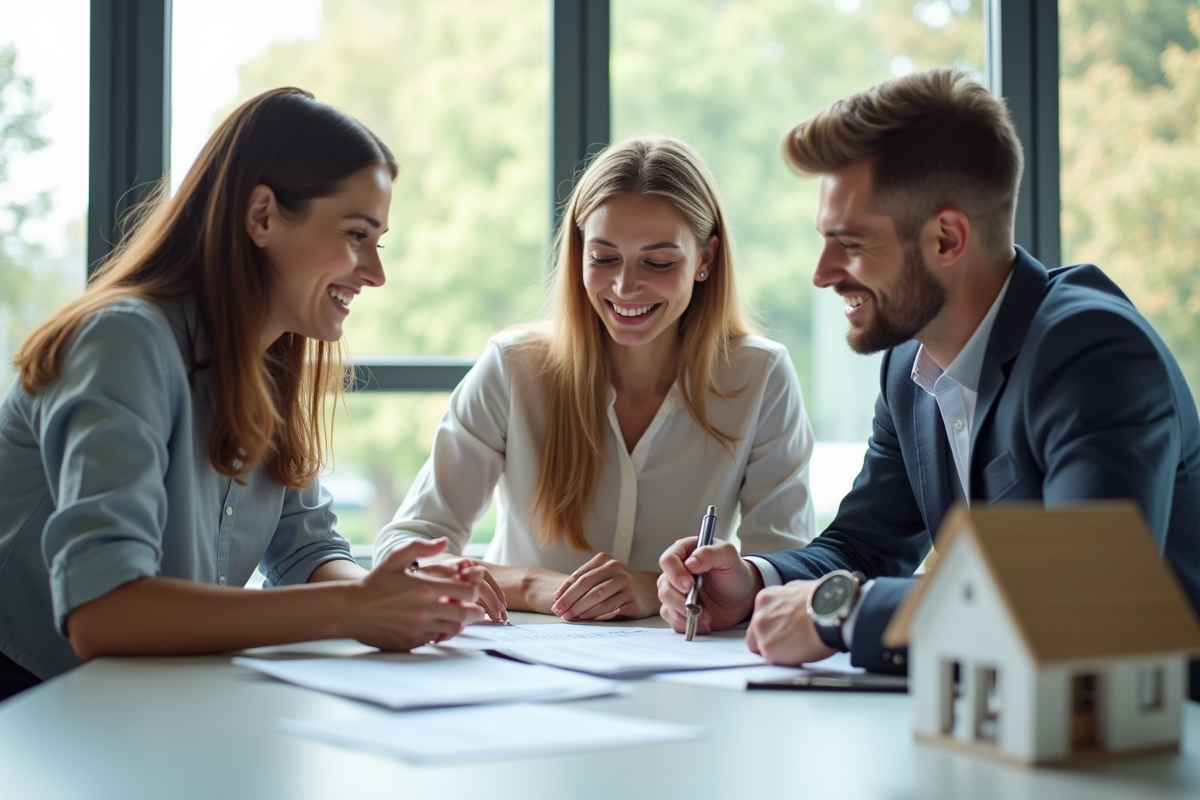 Jeune couple souriant rencontrant un agent immobilier dans un bureau lumineux