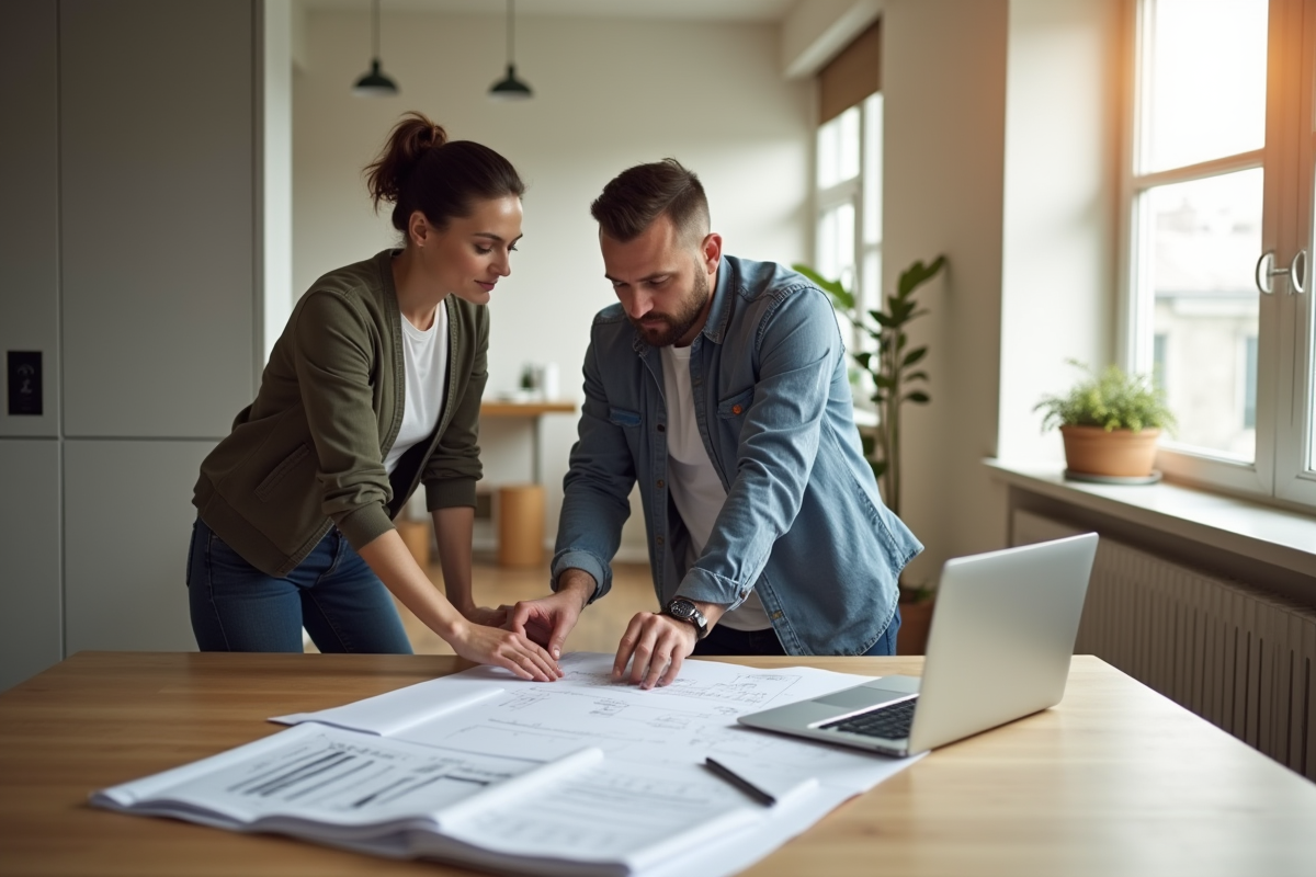 Locataire et propriétaire discutant de travaux dans un appartement lumineux