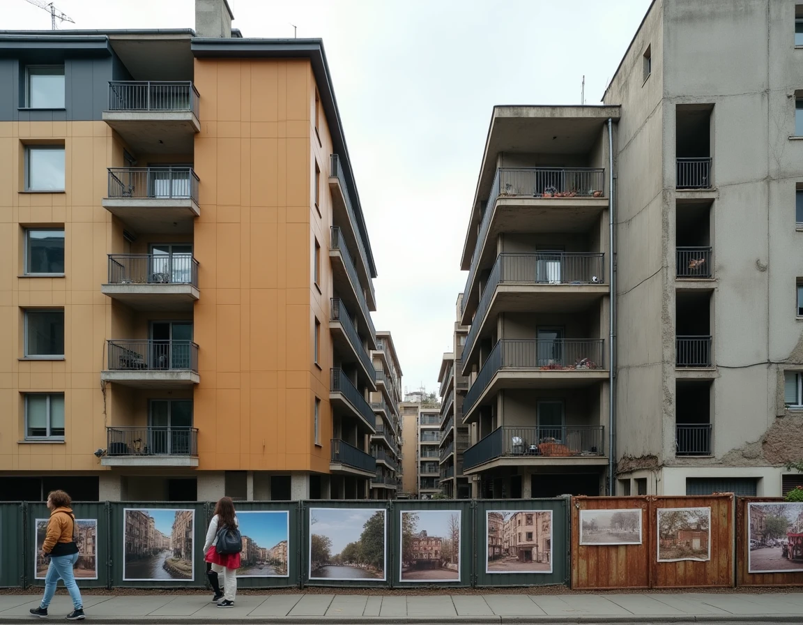 Contraste entre la rénovation urbaine et l'ancien bâti à la Cité Pablo Picasso, illustrant la métamorphose du quartier avec une palissade de chantier ornée de photographies historiques