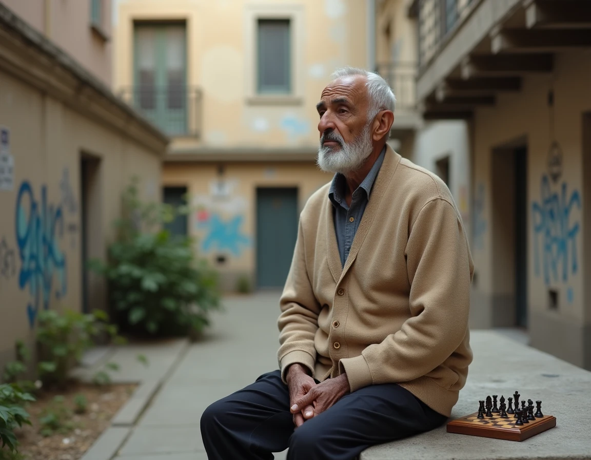 Portrait d'un résident âgé de la Cité Pablo Picasso assis dans une cour intérieure, incarnant la mémoire vivante du quartier à Nanterre