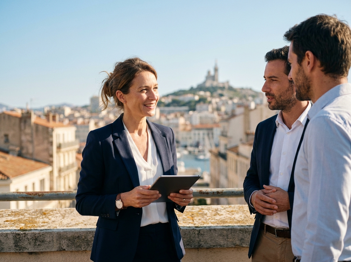 Réunion d'affaires en terrasse sur les toits de Marseille avec vue sur Notre-Dame de la Garde, équipe professionnelle en discussion