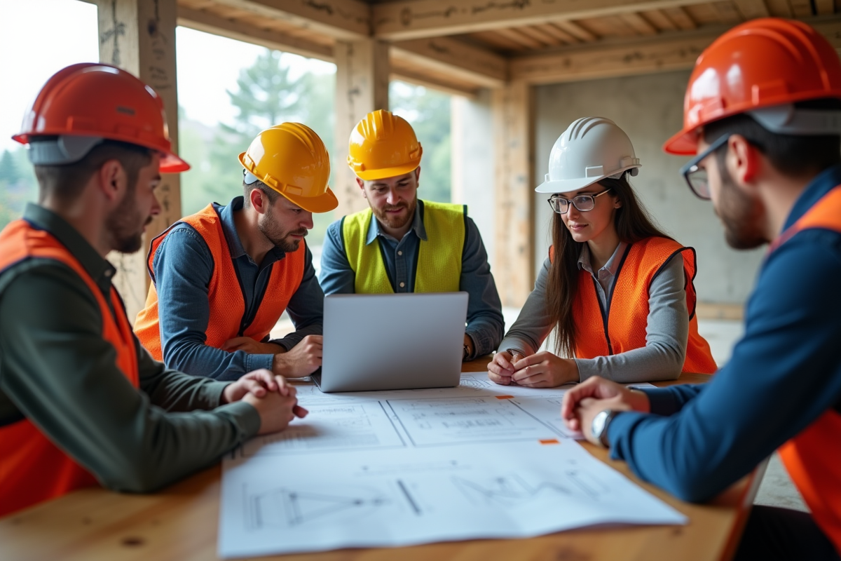 Réunion sur un chantier de construction en journée avec ingénieurs