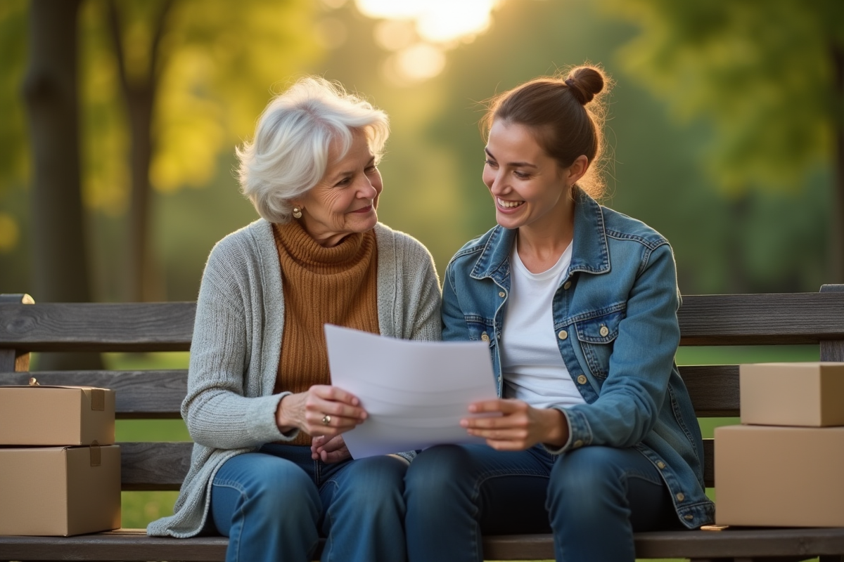 Senior et jeune discutant sur un banc dans un parc