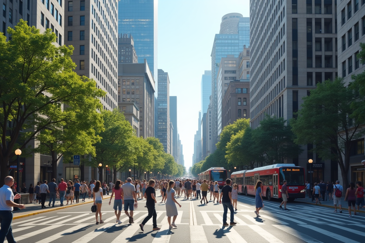 Rue animée en ville avec piétons et bâtiments modernes