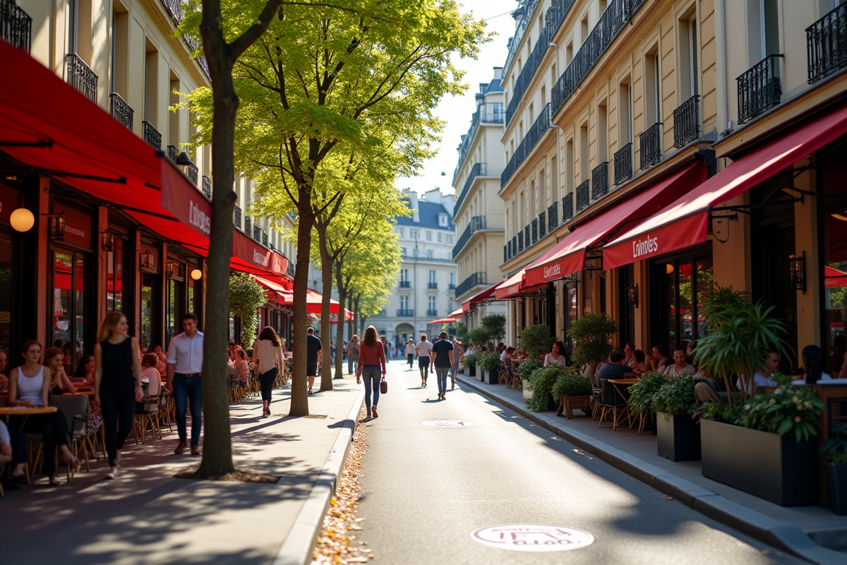 Rue animée dans le 18e arrondissement de Paris avec bâtiments haussmanniens