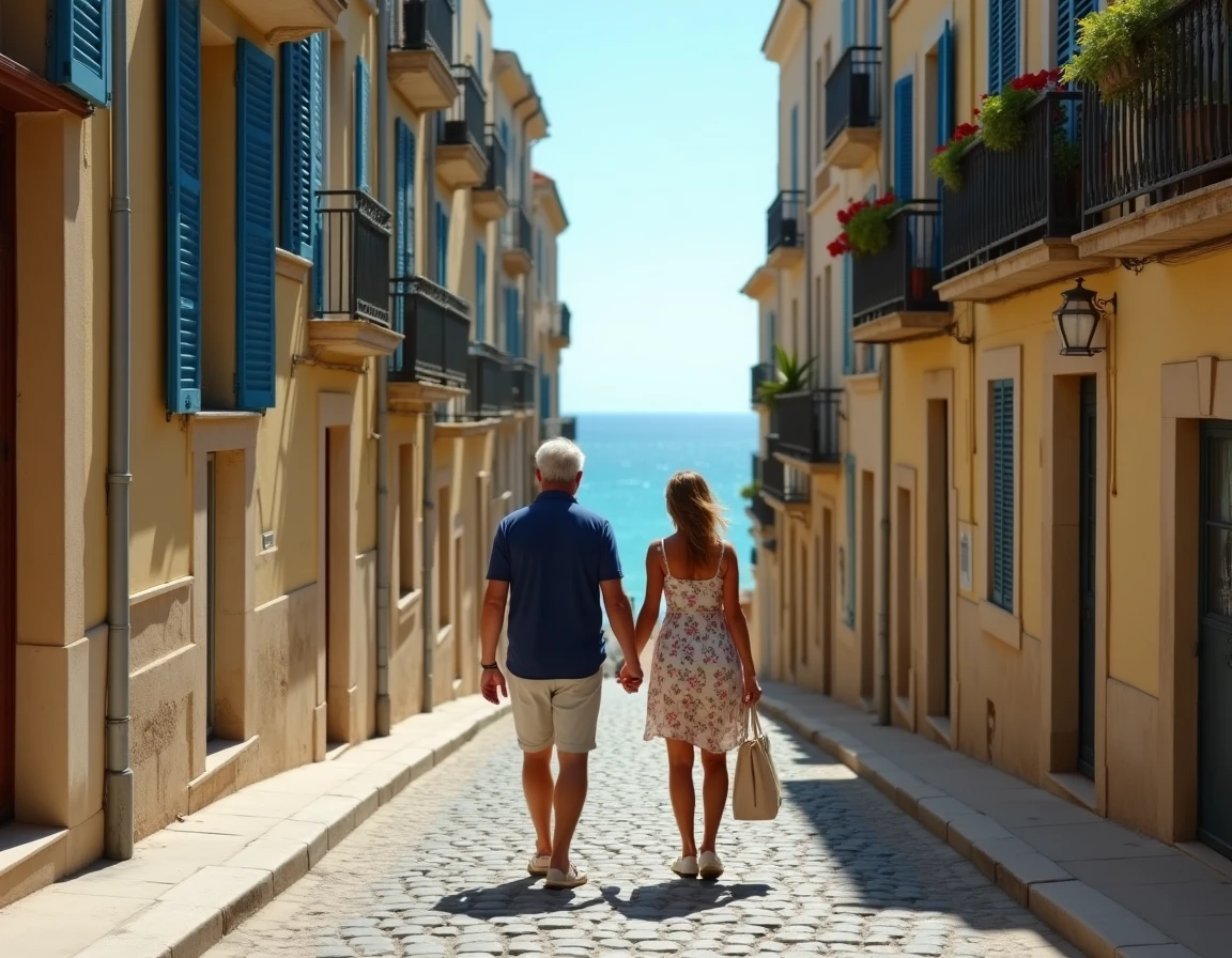 Rue pavée d'un quartier chic de Marseille avec vue sur la mer Méditerranée entre les façades haussmanniennes