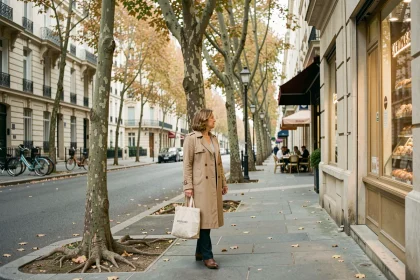 Femme se promenant dans une rue résidentielle calme de Nogent-sur-Marne en automne, ambiance paisible et quartier agréable