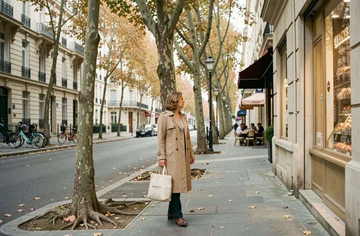 Femme se promenant dans une rue résidentielle calme de Nogent-sur-Marne en automne, ambiance paisible et quartier agréable