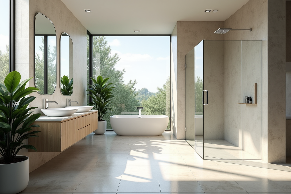 Salle de bain moderne lumineuse avec double lavabo et plantes