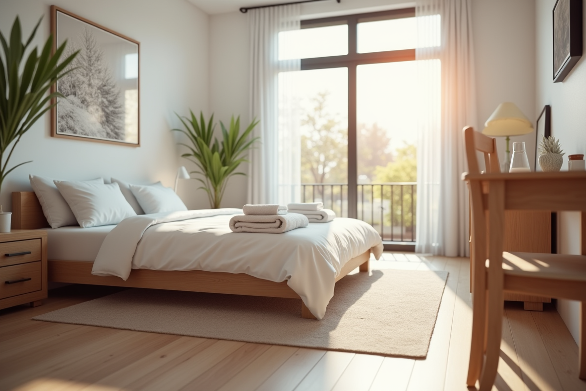 Salon lumineux d'un Airbnb moderne avec grand lit et décoration