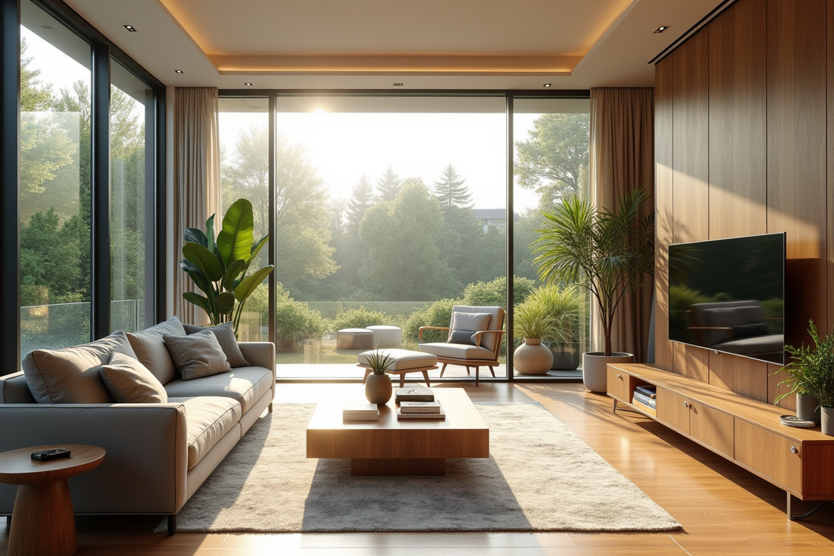 Salon contemporain lumineux avec grandes fenêtres et vue verte