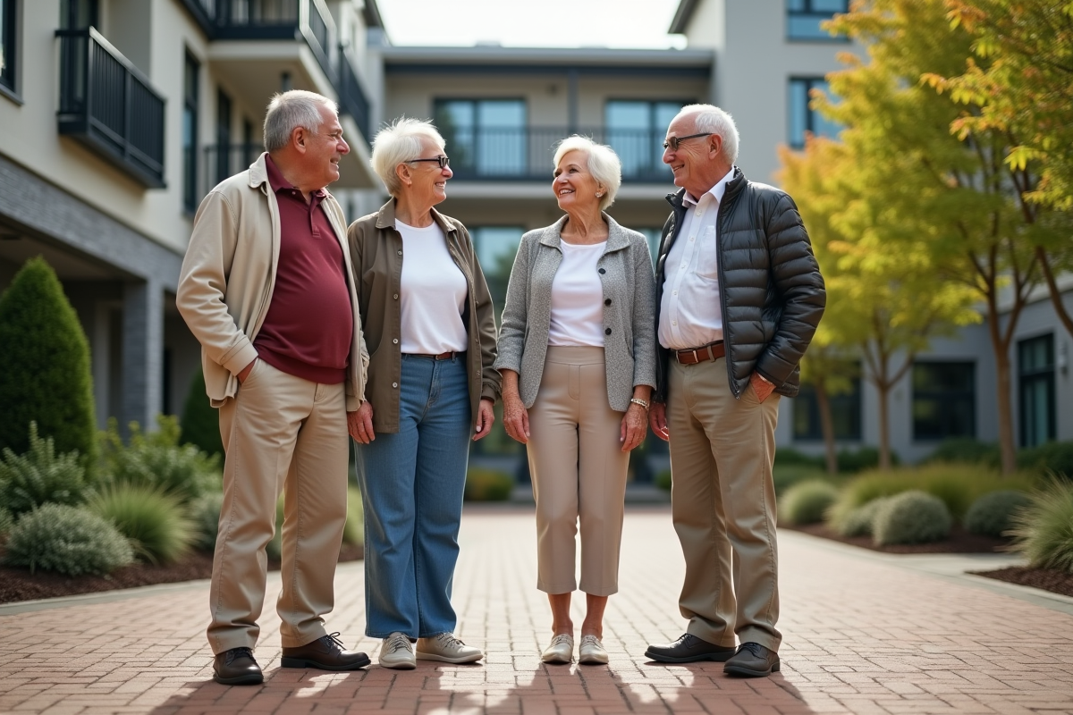 Groupe de seniors devant résidence rénovée dans un jardin
