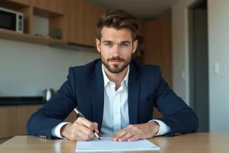 Jeune homme signant un contrat de location dans un appartement