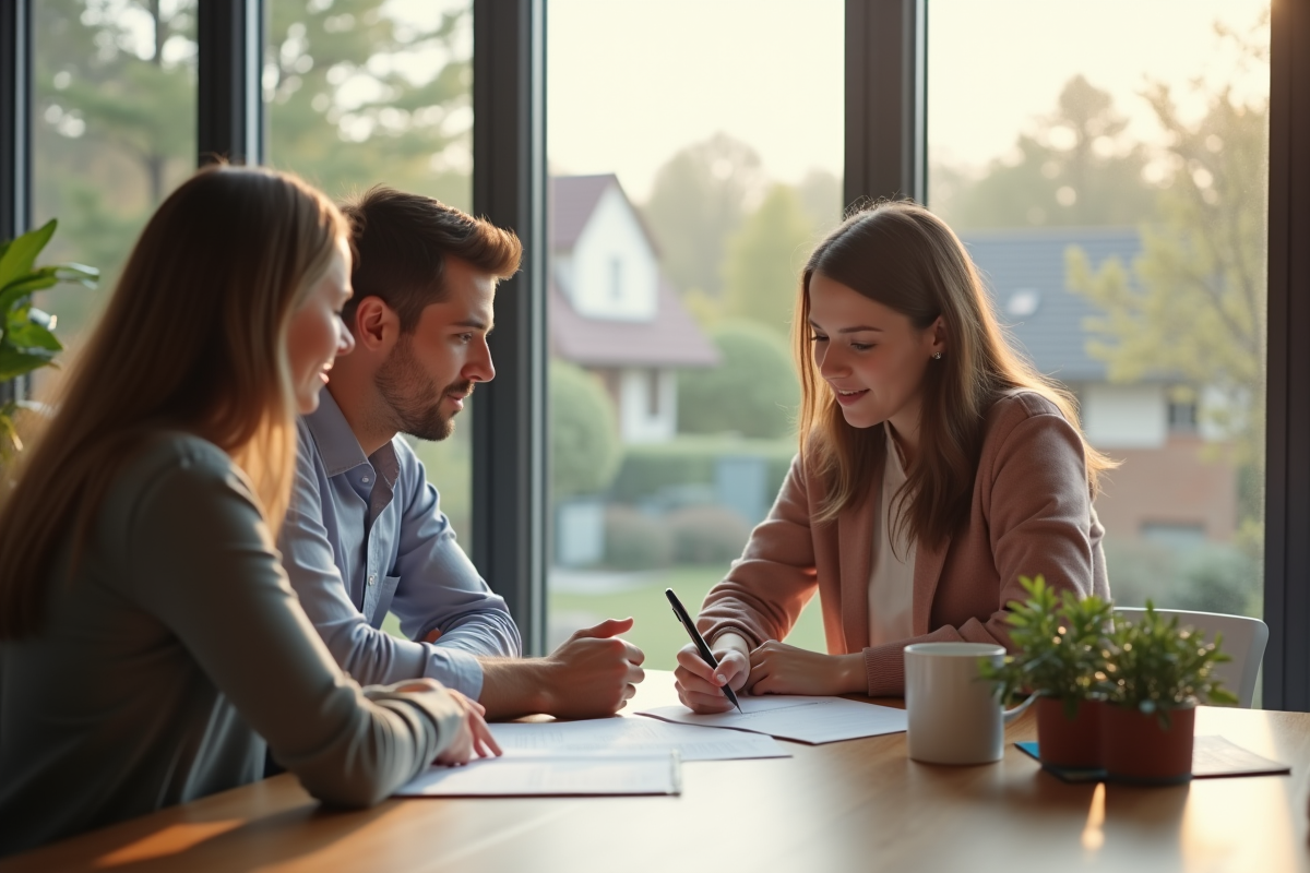 Jeune couple signant un contrat immobilier avec un agent