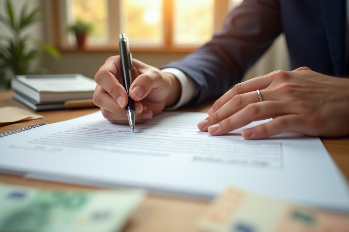 Mains signant un contrat immobilier avec billets en euro sur la table